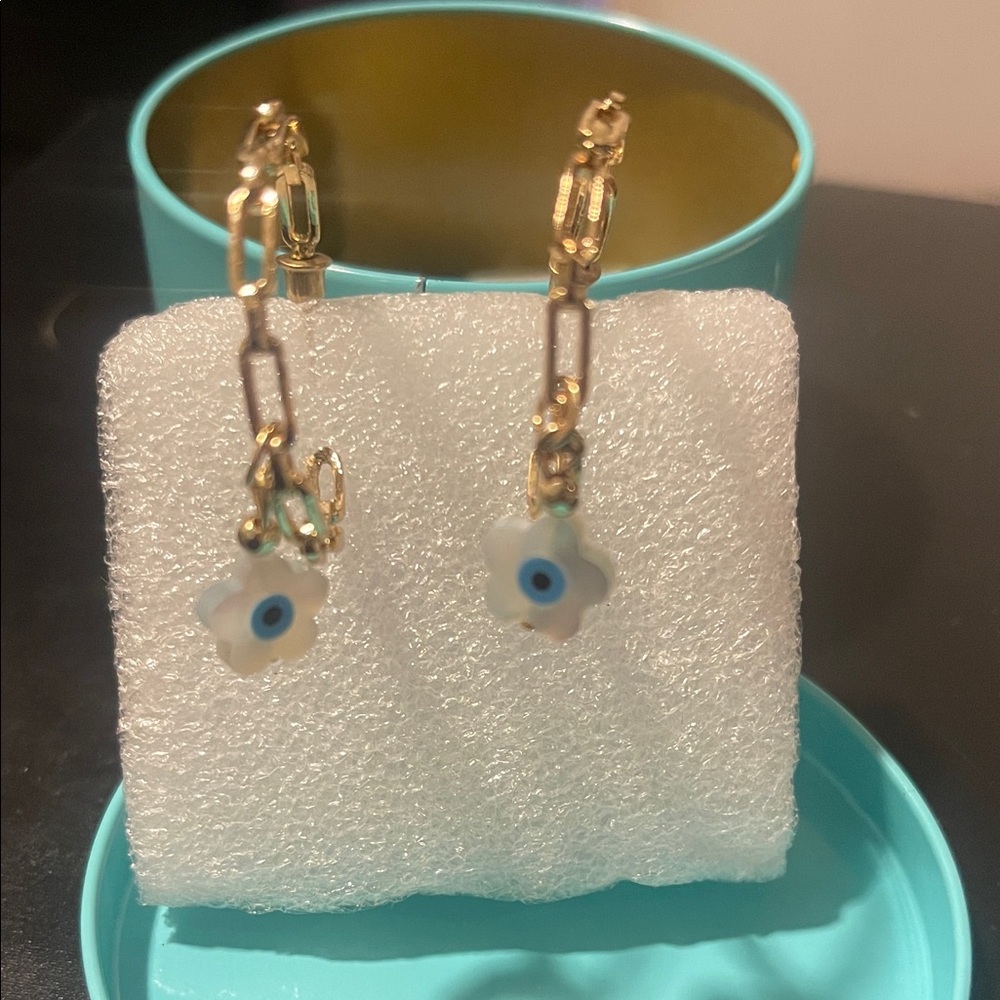 Gold Chain Earrings with Evil Eye Flower Charm